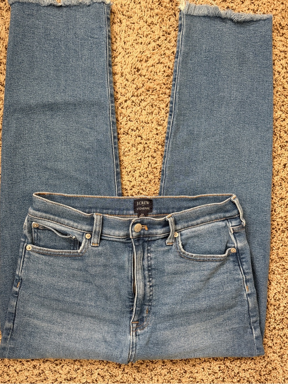 J. Crew Medium Blue High-Rise Straight Jeans with Frayed Hem